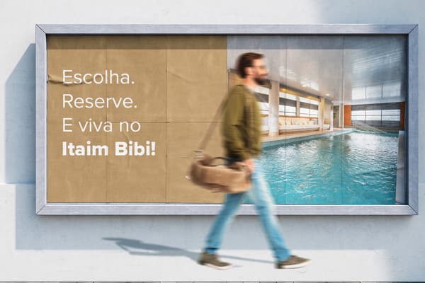 Billboard advertisement split in half. Left side has white text on neutral background. Right side shows a bright rectangular indoor pool. A blurred bearded man walks in front carrying a bag, illustrating short and long stay in Itaim Bibi